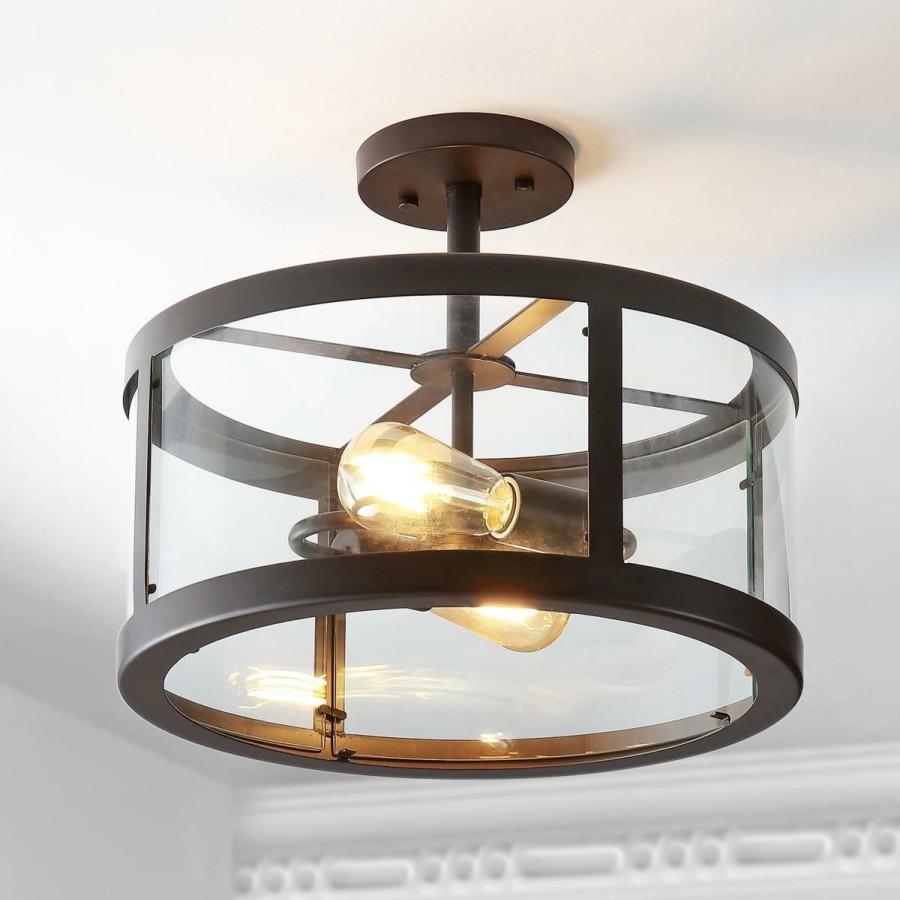 Ceiling Lighting * | Jonathan Y Black Herndon 2-Light 15 In. Iron/Glass Led Flush Mount Top Selling