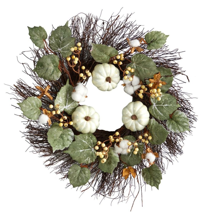 Holiday * | Nearly Natural 22"Green Pumpkin, Cotton And Berriesfall Wreath At Unbeatable Price