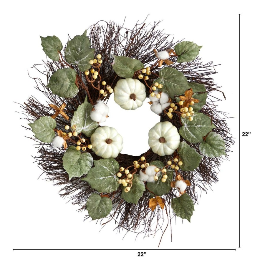 Holiday * | Nearly Natural 22"Green Pumpkin, Cotton And Berriesfall Wreath At Unbeatable Price