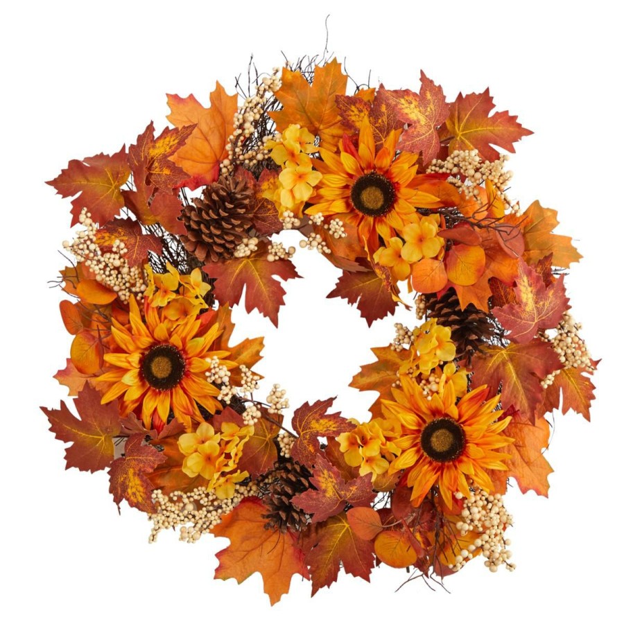 Holiday * | Nearly Natural 28"Maple Leaves, Sunflower, White Berries Fall Wreath At Lower Price