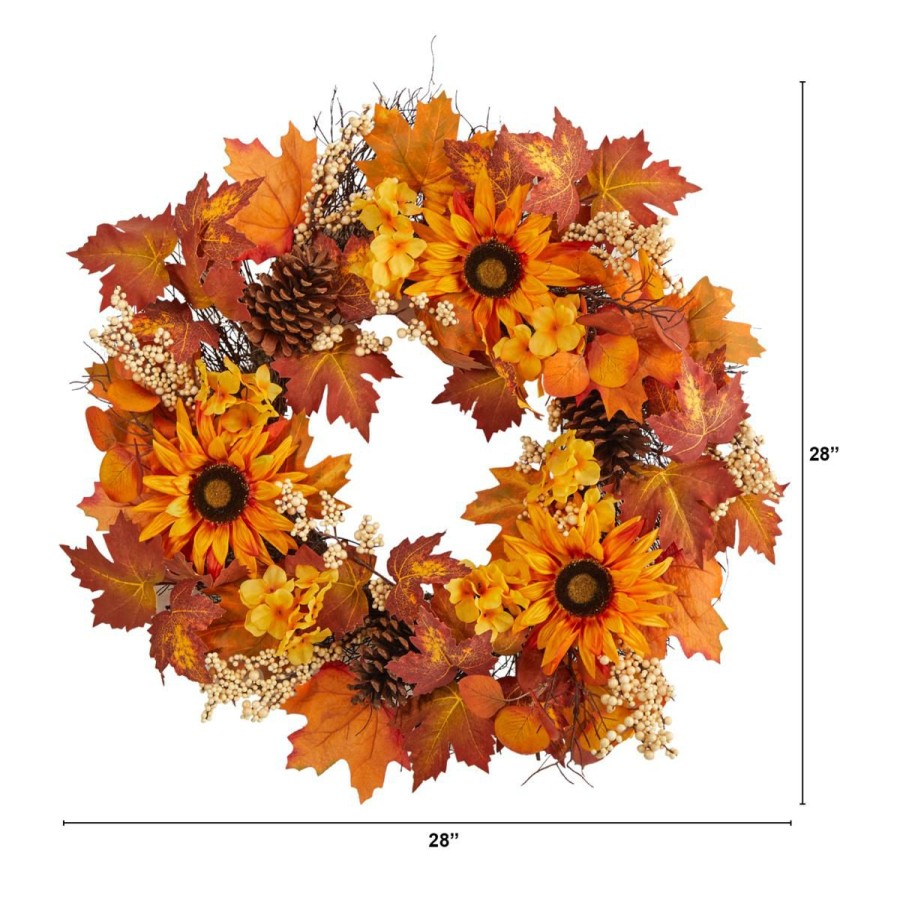 Holiday * | Nearly Natural 28"Maple Leaves, Sunflower, White Berries Fall Wreath At Lower Price