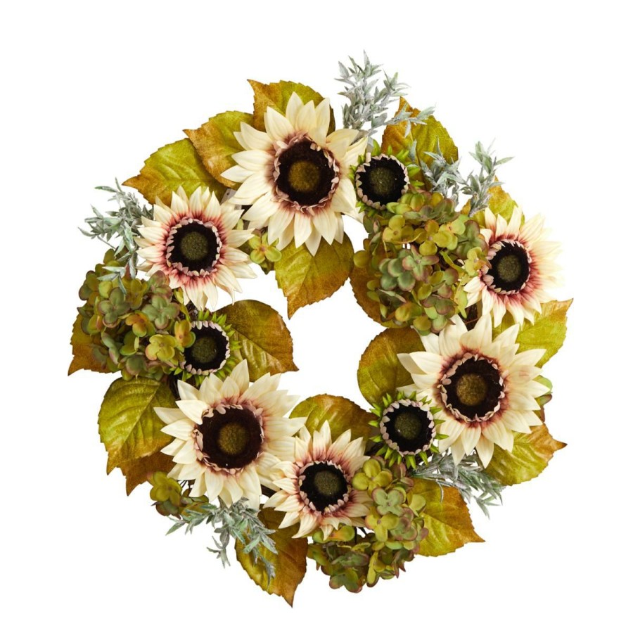 Holiday * | Nearly Natural 24" White Sunflower And Hydrangea Autumn Wreath New Collections