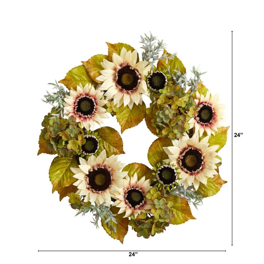 Holiday * | Nearly Natural 24" White Sunflower And Hydrangea Autumn Wreath New Collections