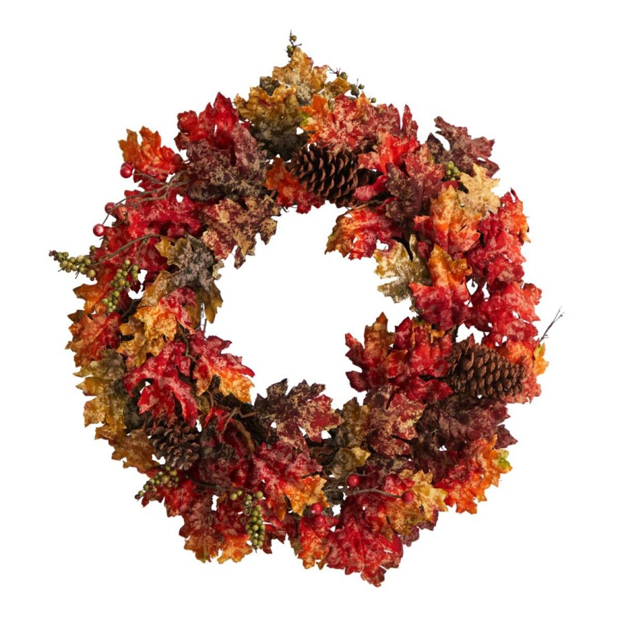 Holiday * | Nearly Natural 24" Autumn Maple, Berries And Pinecone Fall Wreath Half Price