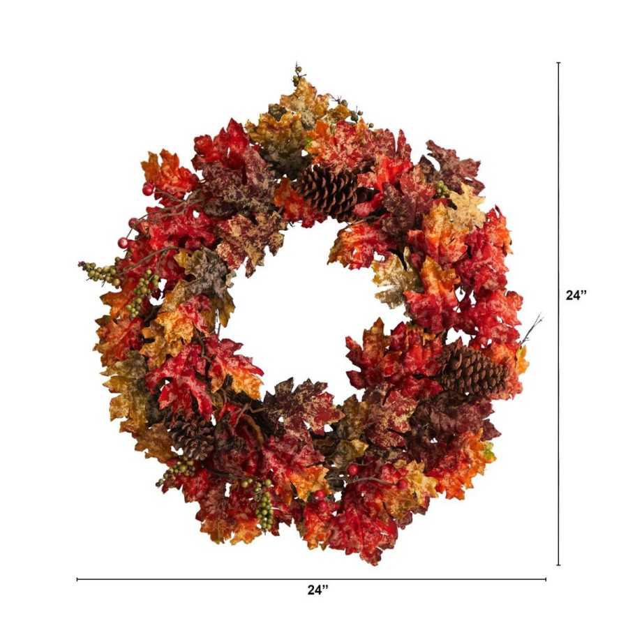 Holiday * | Nearly Natural 24" Autumn Maple, Berries And Pinecone Fall Wreath Half Price