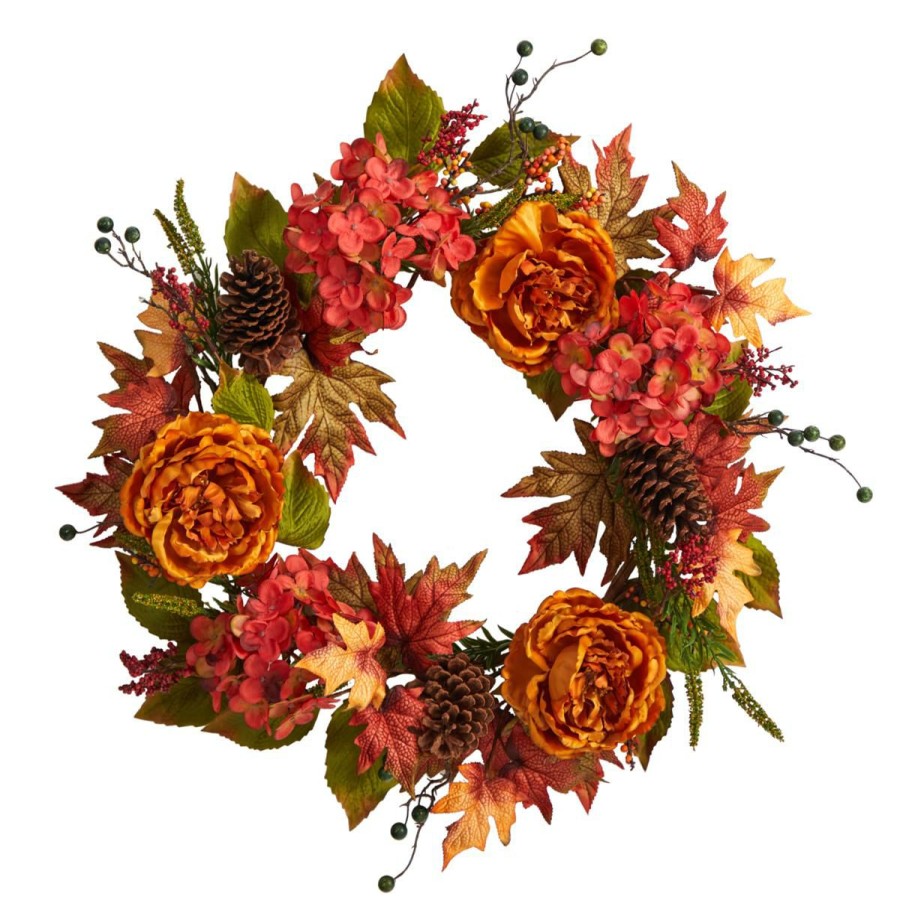 Holiday * | Nearly Natural 25" Fall Ranunculus, Hydrangea And Berries Wreath With Discount