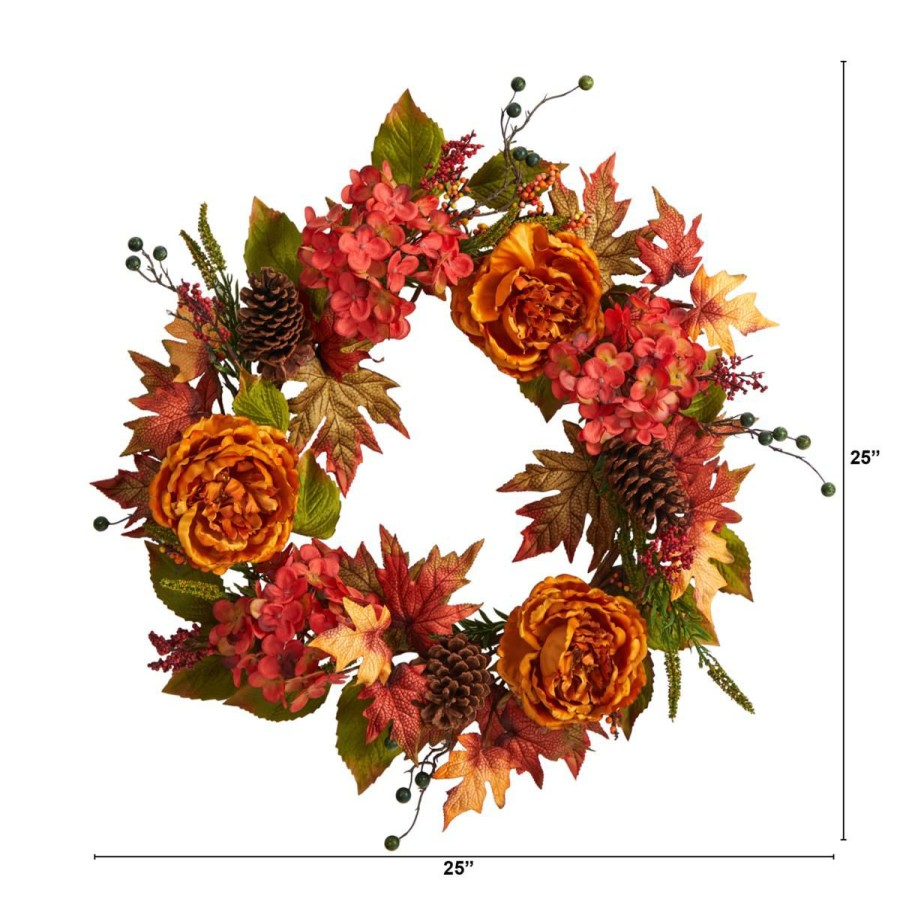 Holiday * | Nearly Natural 25" Fall Ranunculus, Hydrangea And Berries Wreath With Discount