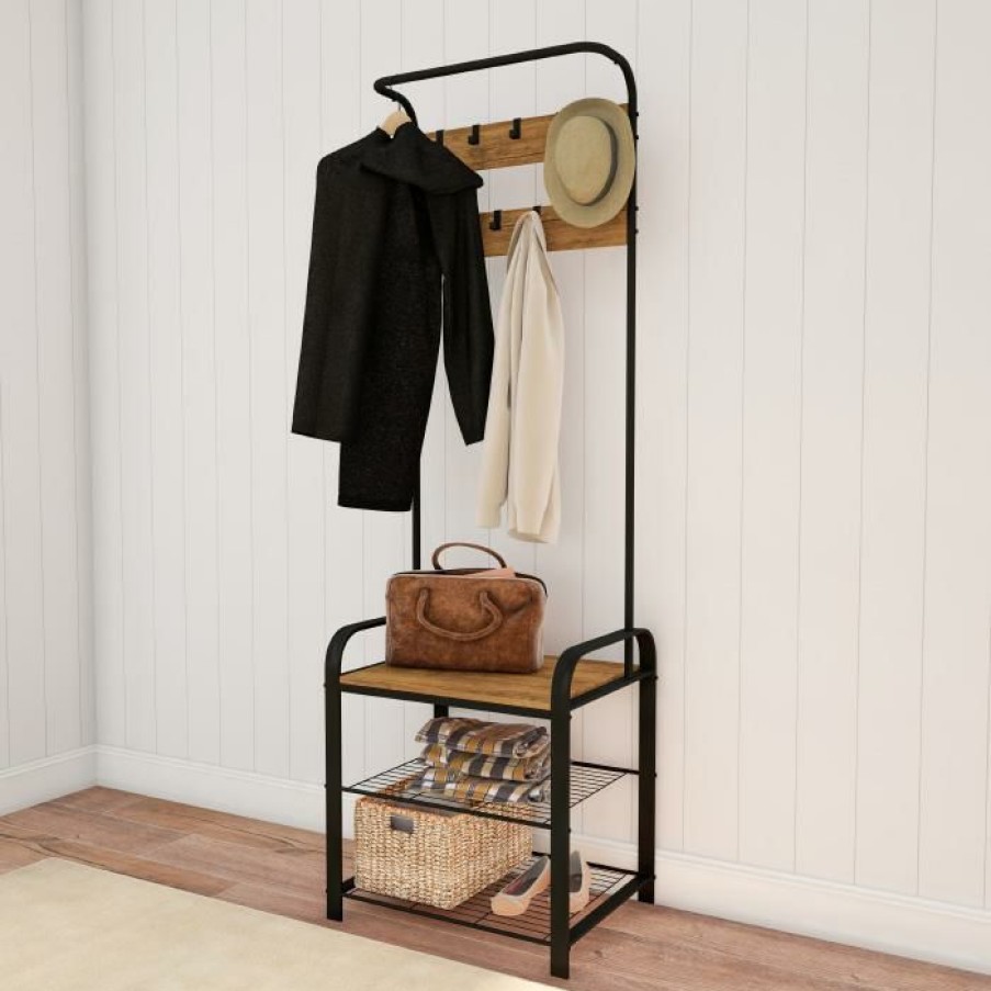 Furniture * | Top Selling Hastings Home Entryway Coat Rack And Shoe Bench- Black And Brown