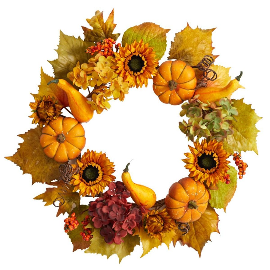 Holiday * | Nearly Natural 22"Hydrangea, Pumpkin And Sunflowerfall Wreath Quality Guarantee