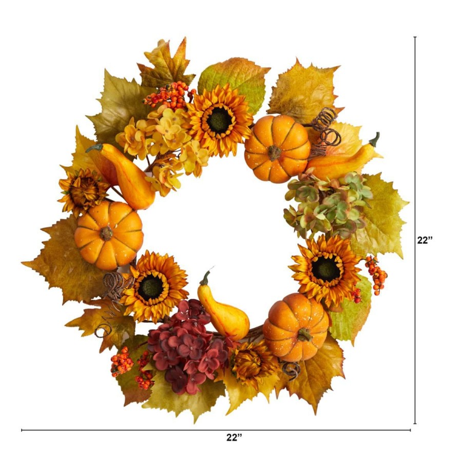 Holiday * | Nearly Natural 22"Hydrangea, Pumpkin And Sunflowerfall Wreath Quality Guarantee