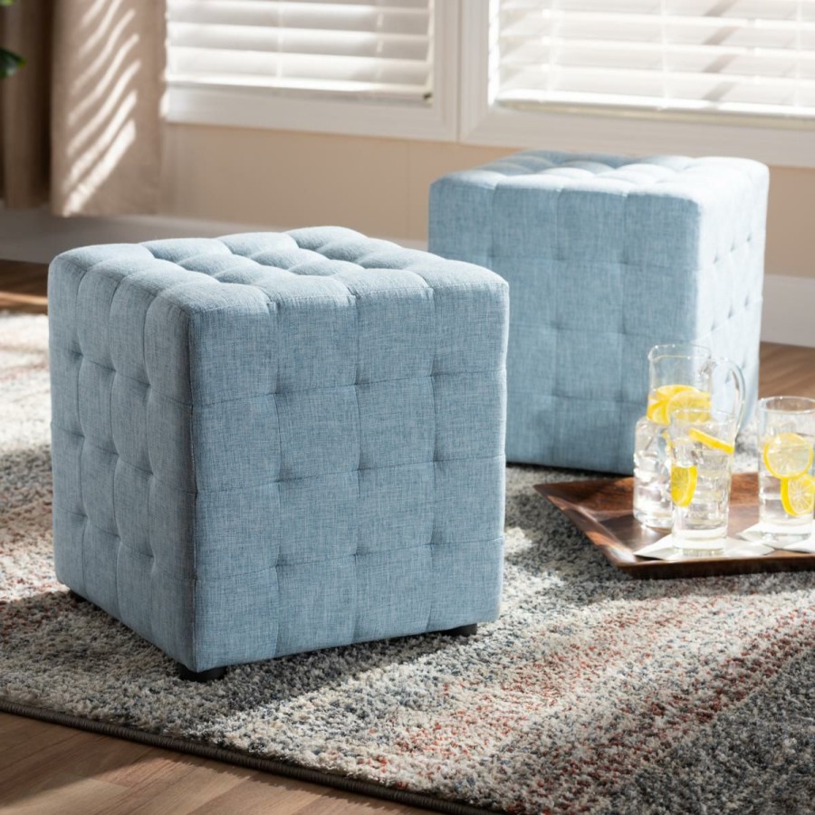 Furniture * | The Latest Fashion Wholesale Interiors Elladio Fabric Upholstered Tufted Cube Ottoman 2Pk Light Blue