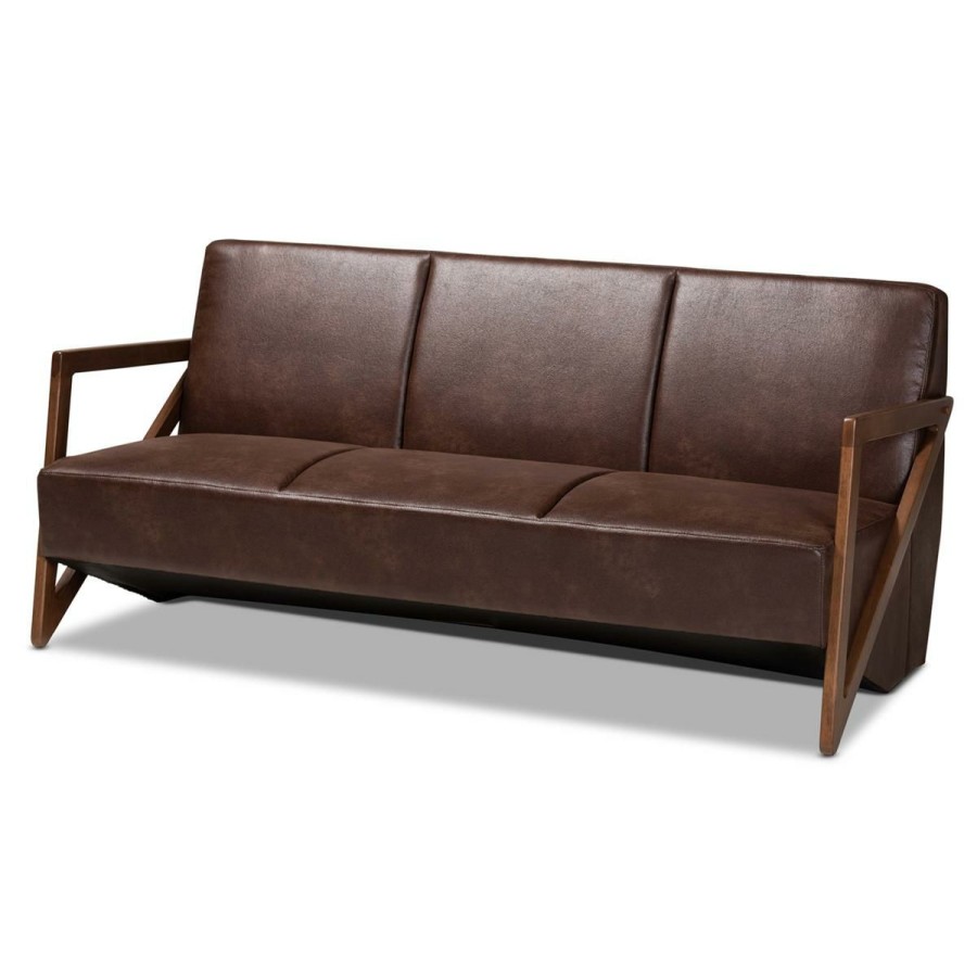 Furniture * | Affordable Price Wholesale Interiors Christa Brown Faux Leather And Walnut Finish Sofa