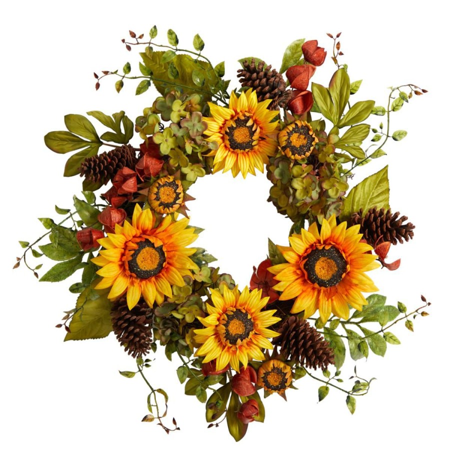 Holiday * | Nearly Natural 26" Fall Hydrangea, Sunflower And Pinecones Wreath At The Best Price