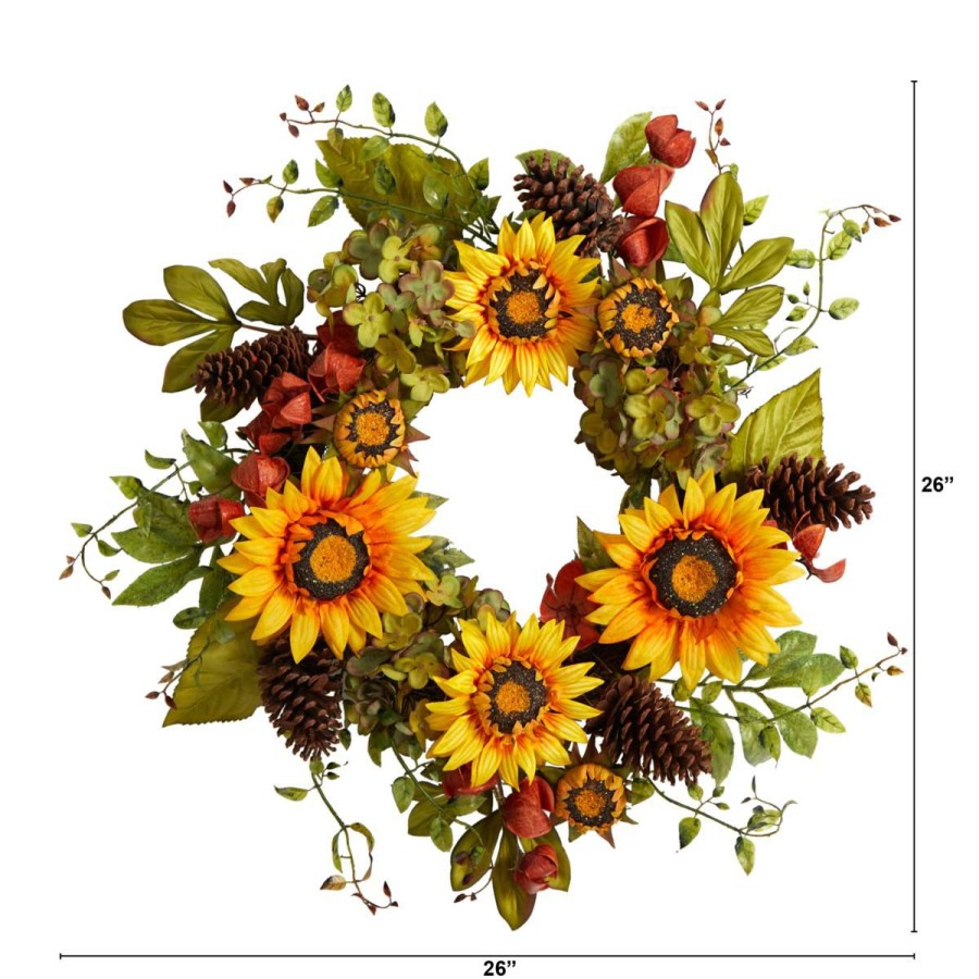 Holiday * | Nearly Natural 26" Fall Hydrangea, Sunflower And Pinecones Wreath At The Best Price