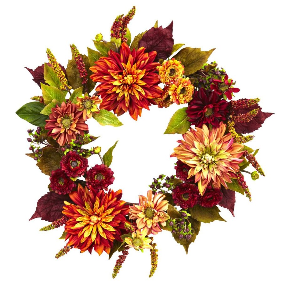 Holiday * | Nearly Natural 22" Dahlia& Mum Wreath Good Quality