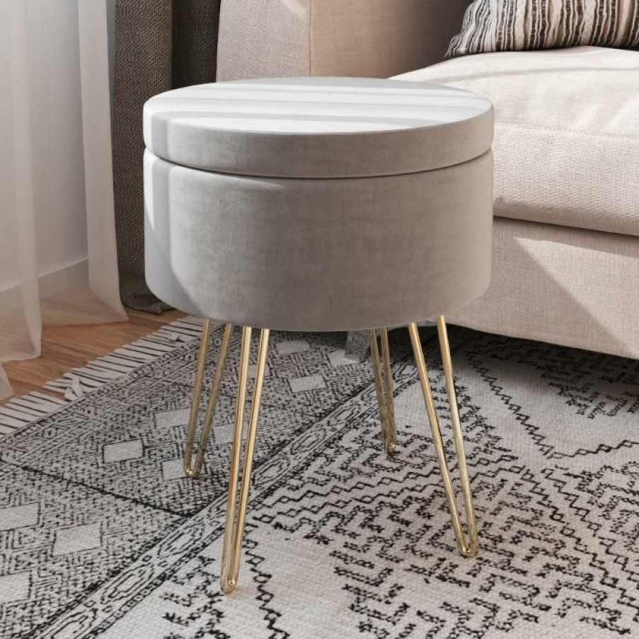 Furniture * | Cut Price Hastings Home Round Gray Ottoman And Hairpin Legs- Gray