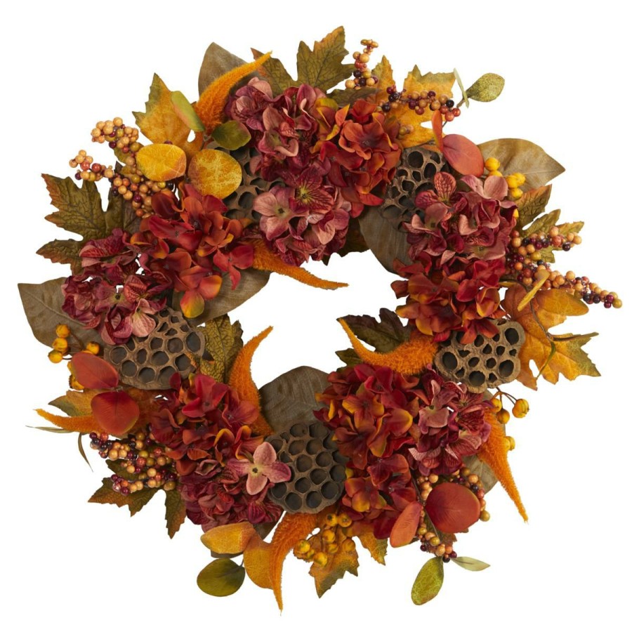 Holiday * | 24 In. Fall Hydrangea, Lotus And Berries Artificial Wreath Online