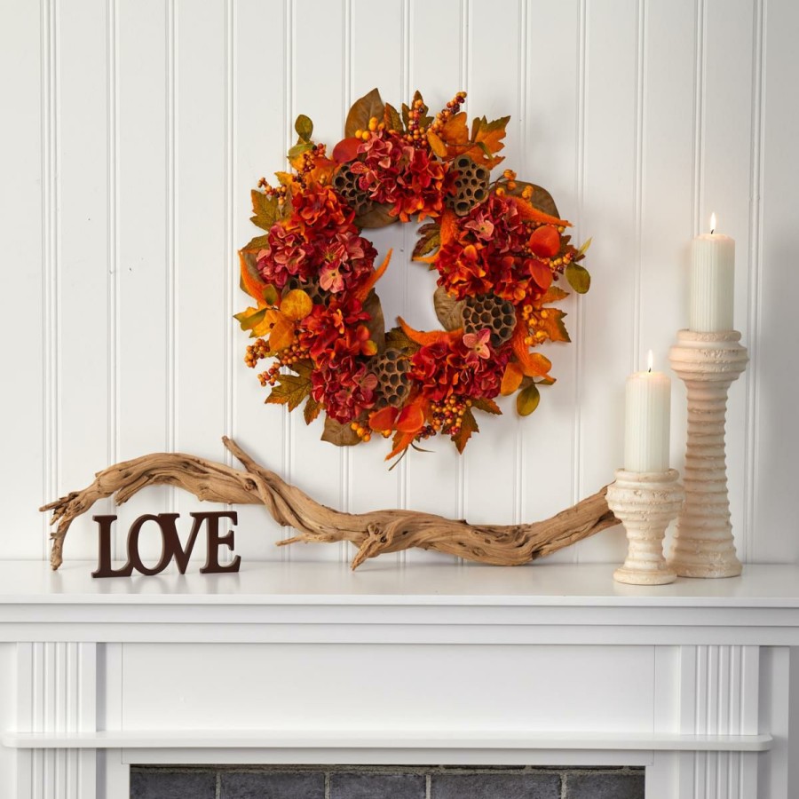 Holiday * | 24 In. Fall Hydrangea, Lotus And Berries Artificial Wreath Online