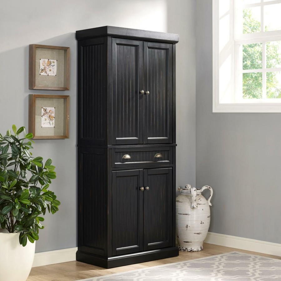 Furniture * | Crosley Furniture Seaside Kitchen Pantry Distressed Black Typical Style