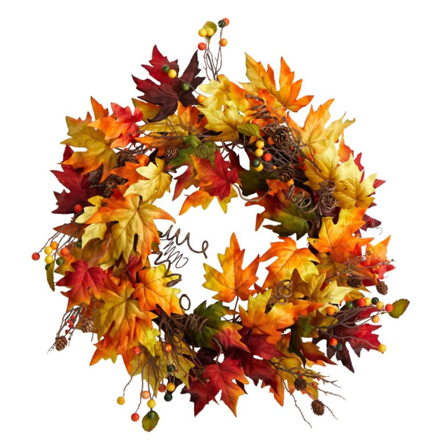 Holiday * | Nearly Natural 24"Maple Leaf And Berriesfall Wreath With Twig Base Exclusive Design