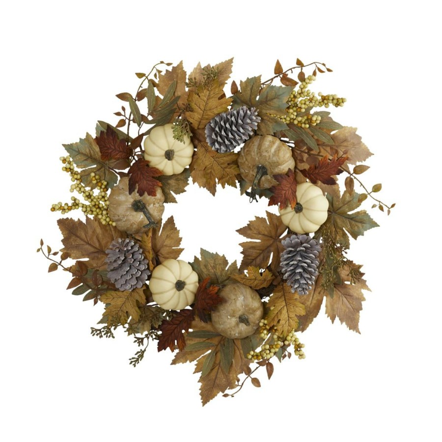 Holiday * | 24 In. Fall Pumpkins, Pine Cones And Berries Artificial Wreath With Discount