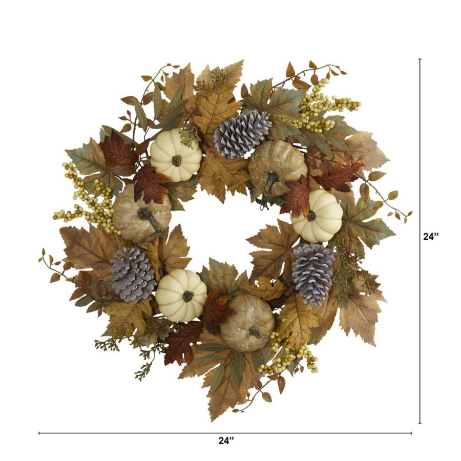 Holiday * | 24 In. Fall Pumpkins, Pine Cones And Berries Artificial Wreath With Discount