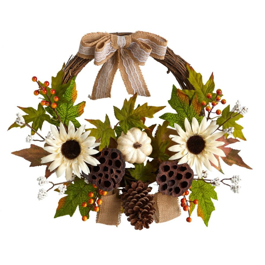 Holiday * | Nearly Natural 20"Sunflower, White Pumpkin And Dried Lotus Wreath Online Discount