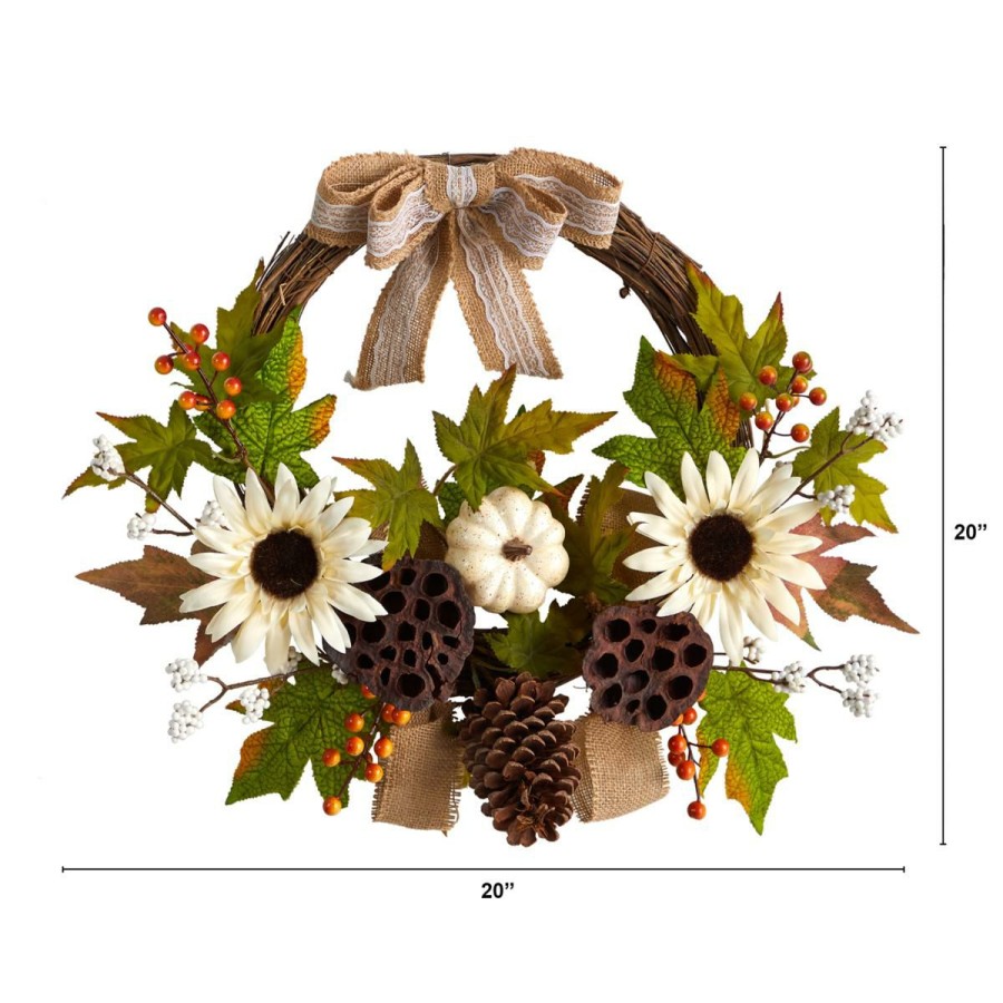 Holiday * | Nearly Natural 20"Sunflower, White Pumpkin And Dried Lotus Wreath Online Discount