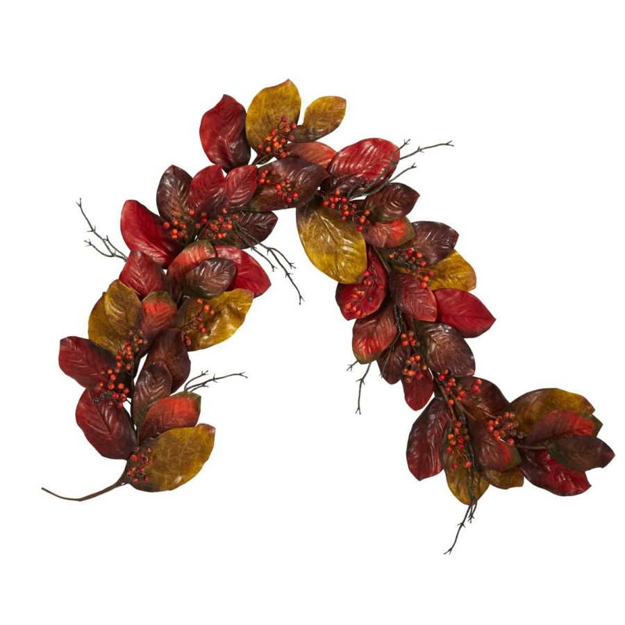 Holiday * | 6 Ft. Autumn Magnolia Leaf With Berries Artificial Garland Attractive Model