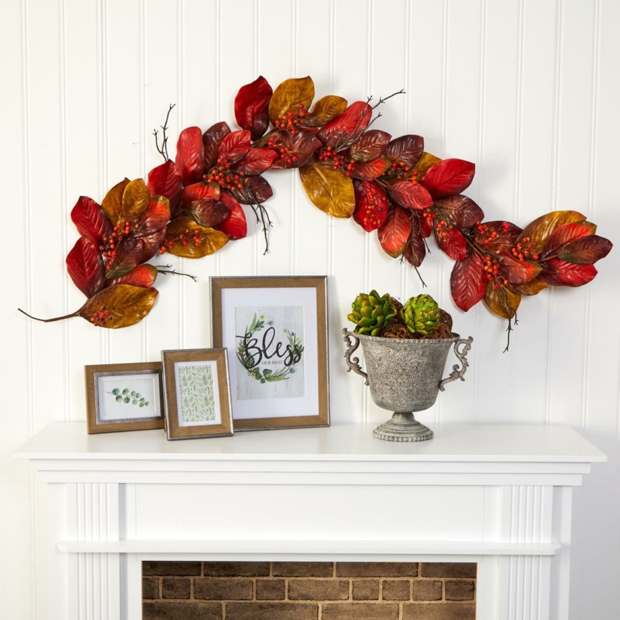 Holiday * | 6 Ft. Autumn Magnolia Leaf With Berries Artificial Garland Attractive Model