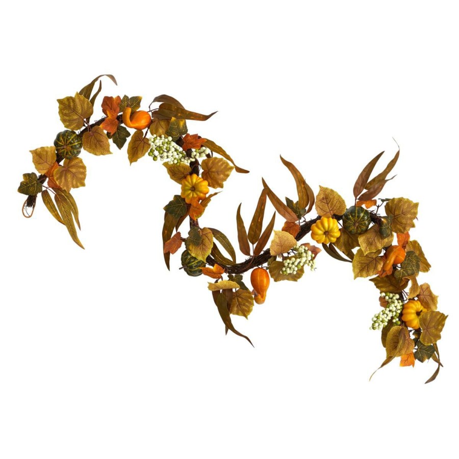 Holiday * | Nearly Natural 6' Fall Green And Orange Assorted Pumpkin Garland Attractive Model