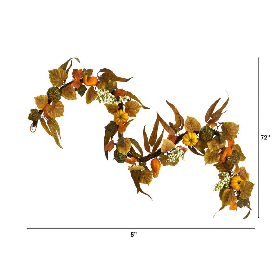 Holiday * | Nearly Natural 6' Fall Green And Orange Assorted Pumpkin Garland Attractive Model