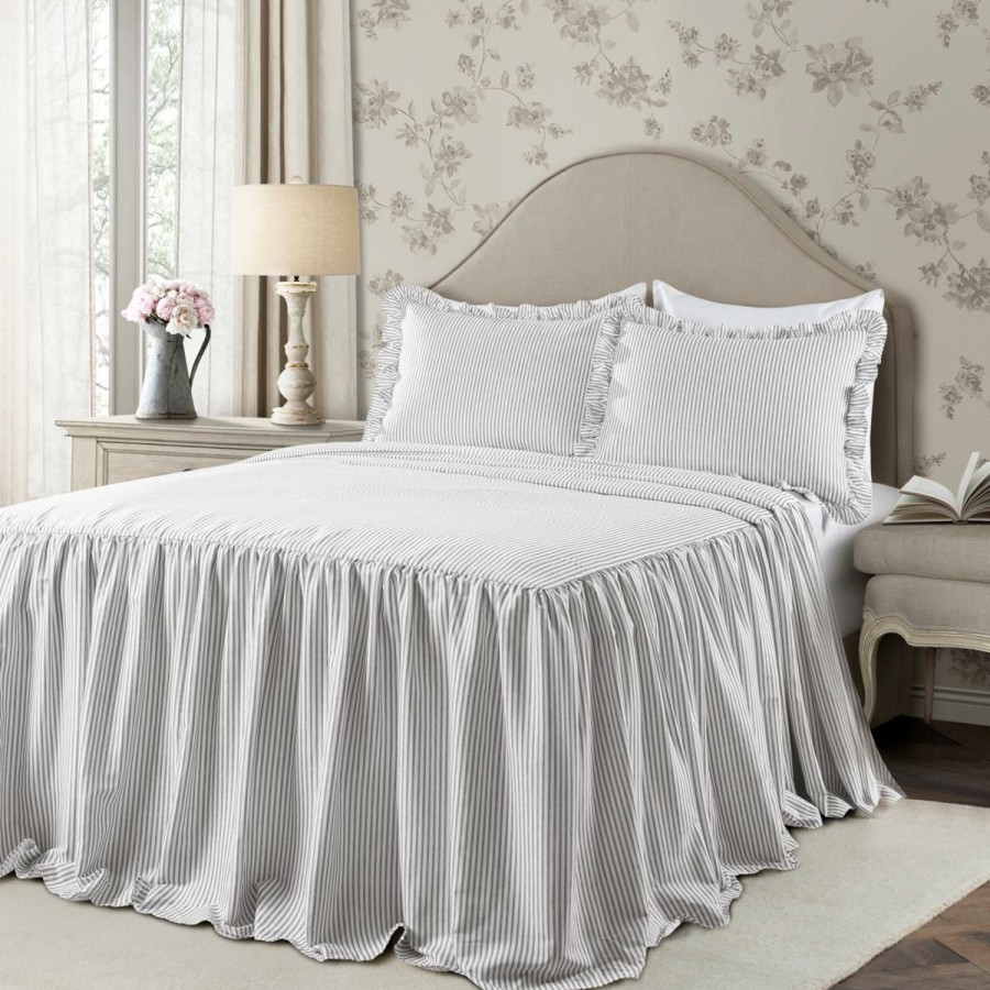 Quilts & Bedspreads * | New Lush Decor Ticking Stripe Bedspread Gray 3Pc Set Queen