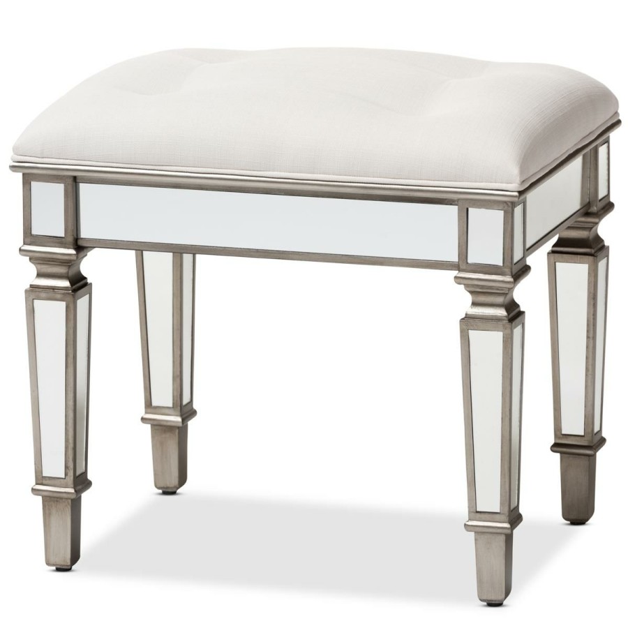 Furniture * | Cheap Marielle Fabric Upholstered Mirrored Ottoman Vanity Bench