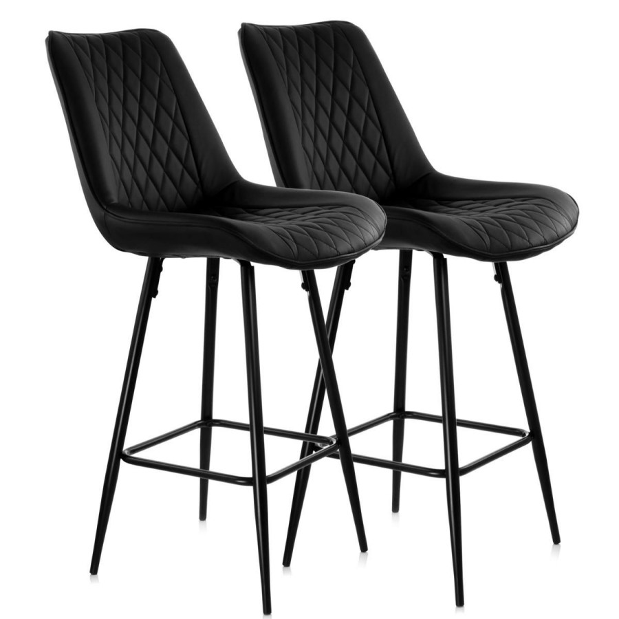 Furniture * | Special Design Elama 2-Piece Diamond Stitched Black Faux Leather Bar Chair With Legs