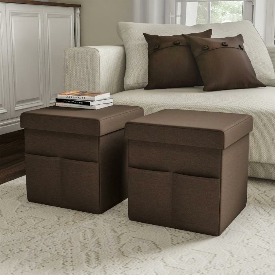 Furniture * | Offering Discounts Hastings Home Foldable Storage Cube Ottoman With Pockets 2-Pack