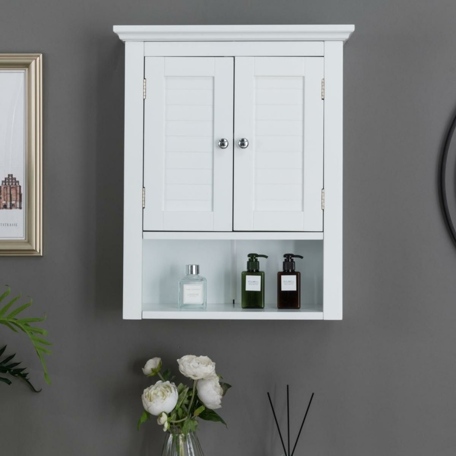 Furniture * | New Glitzhome White Wall Cabinet With Double Doors