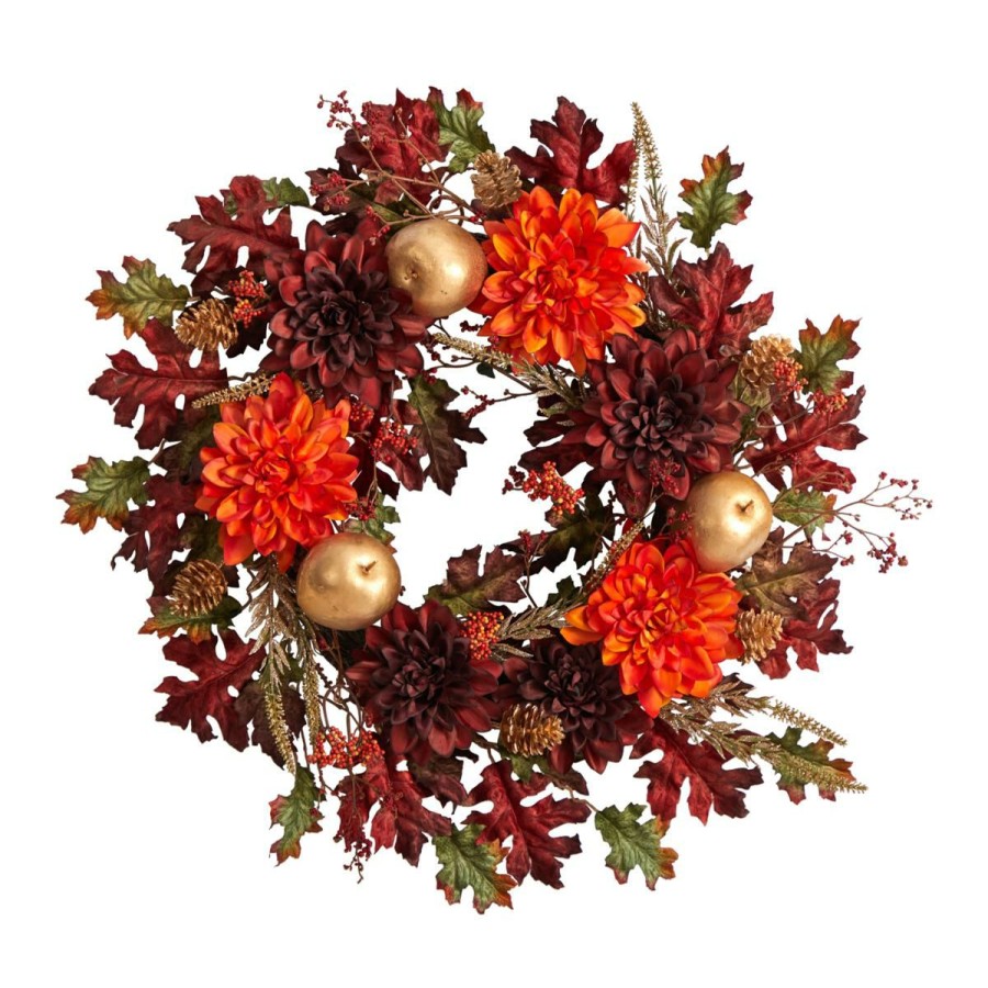 Holiday * | Nearly Natural 24" Fall Dahlia, Golden Apple, Oak, Berries Wreath Promotion