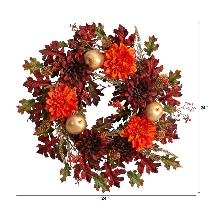 Holiday * | Nearly Natural 24" Fall Dahlia, Golden Apple, Oak, Berries Wreath Promotion