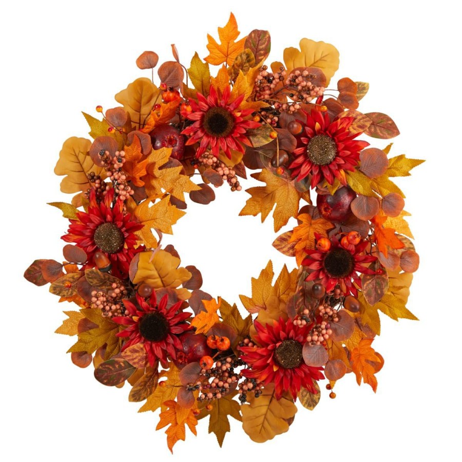 Holiday * | Nearly Natural 30" Fall Acorn, Sunflower, Berries Andfoliagewreath Attractive Model