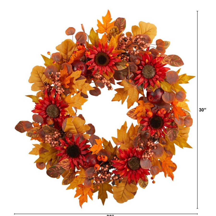 Holiday * | Nearly Natural 30" Fall Acorn, Sunflower, Berries Andfoliagewreath Attractive Model