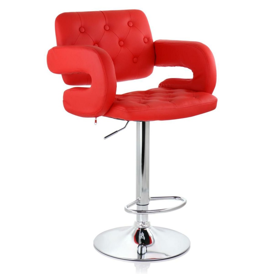 Furniture * | Elama Faux Leather Tufted Bar Stool In Red With Adjustable Chrome Base Half Price