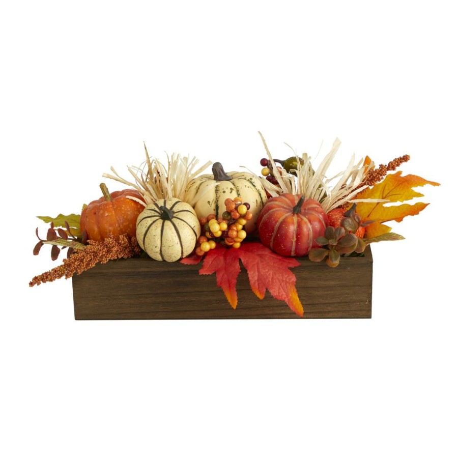 Holiday * | 16 In. Harvest Pumpkin And Berries Artificial Arrangement In Wood Vase Original Model