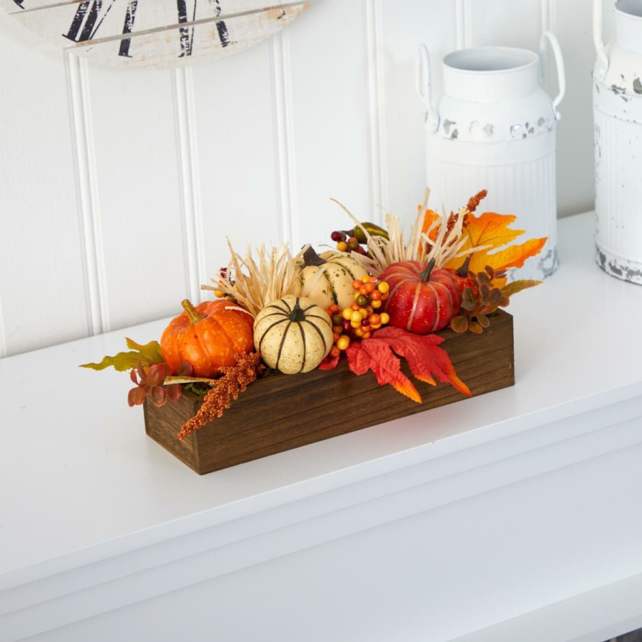 Holiday * | 16 In. Harvest Pumpkin And Berries Artificial Arrangement In Wood Vase Original Model