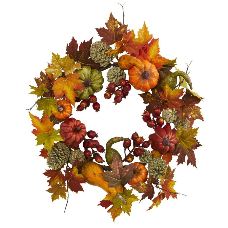 Holiday * | Nearly Natural 24" Pumpkin, Gourd, Berry And Maple Leaf Wreath Less Expensive