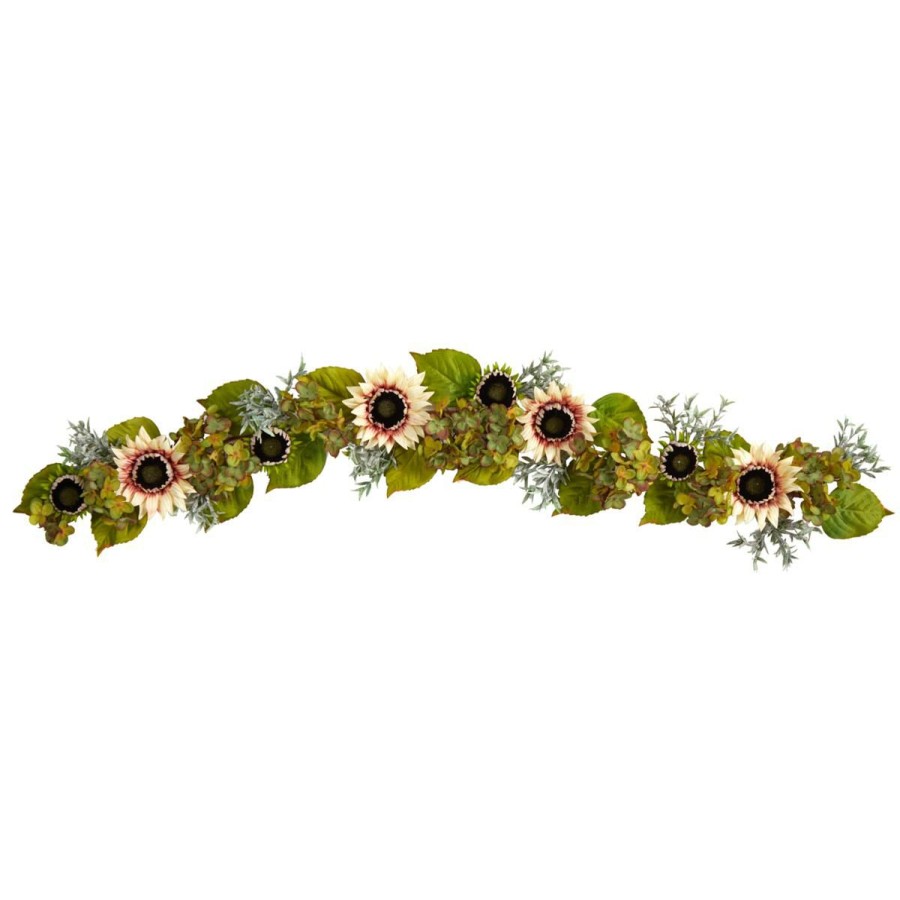 Holiday * | Nearly Natural 5' White Sunflower And Hydrangea Artificial Garland Promotion