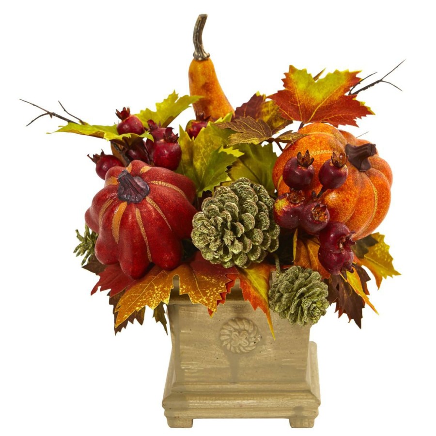 Holiday * | Nearly Natural 11" Pumpkin/Gourd/Berry/Leaf Artificial Arrangement At The Best Price