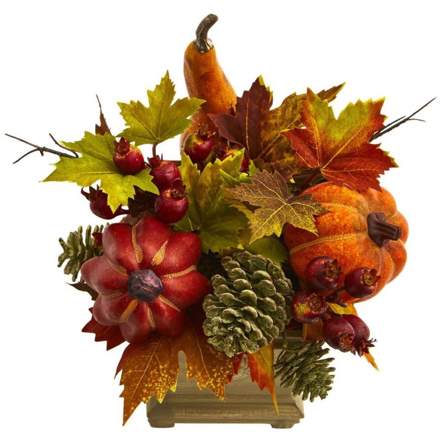 Holiday * | Nearly Natural 11" Pumpkin/Gourd/Berry/Leaf Artificial Arrangement At The Best Price