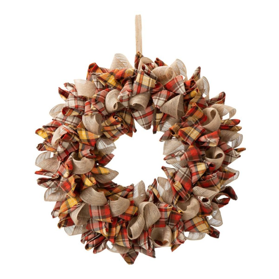 Holiday * | Glitzhome 18.5In.D Fall Fabric Plaid Wreath Attractive Model