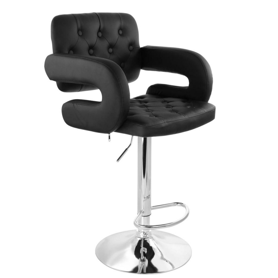 Furniture * | Fantastic Model Elama Faux Leather Tufted Bar Stool Adjustable Chrome Base -Blk